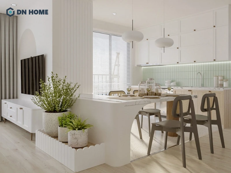 Mẫu thiết kế này sử dụng gam màu trắng chủ đạo nhằm tạo cảm giác rộng rãi và hiện đại