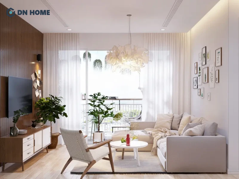 Bộ sofa chữ L màu be được bố trí khoa học giúp tối ưu không gian phòng khách