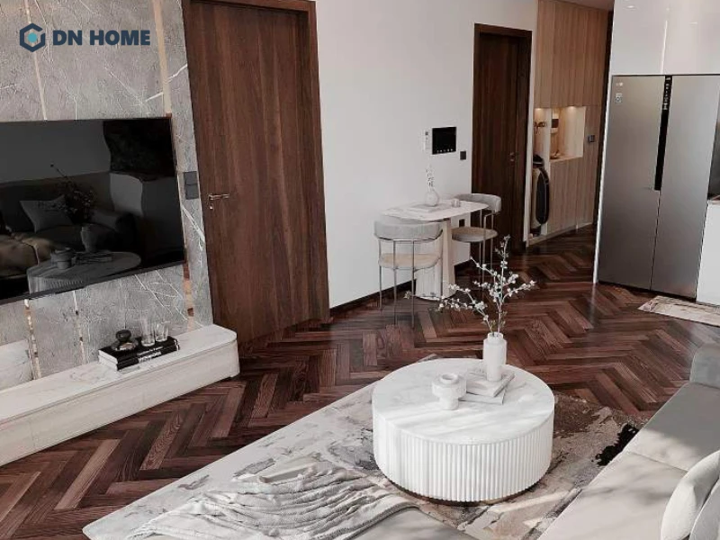 Bàn trà tròn đơn giản kết hợp đèn sàn độc đáo tạo điểm nhấn tinh tế cho căn hộ