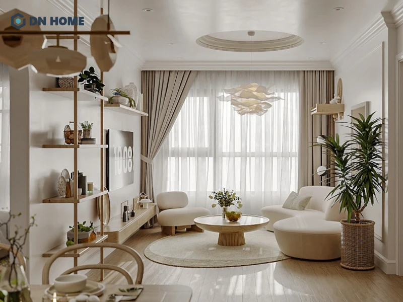 Cây xanh được bố trí gần cửa sổ lớn giúp căn hộ thêm phần tươi mới và tràn đầy năng lượng