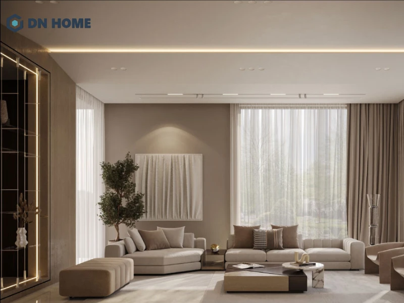 Hệ thống đèn chiếu sáng âm trần kết hợp đèn trang trí giúp căn hộ 63m2 thêm phần nổi bật và ấm cúng