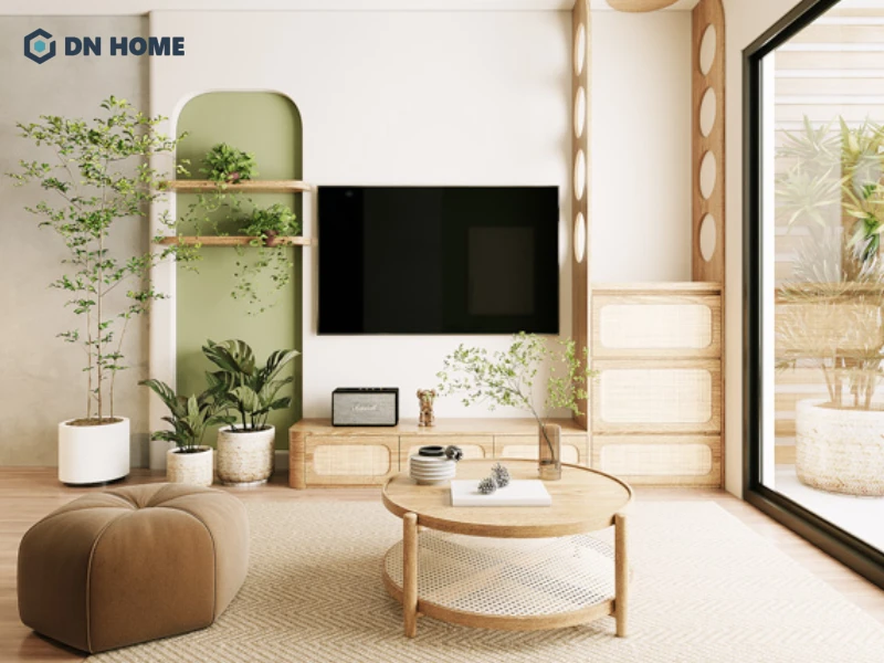 Nội thất gỗ kết hợp mây tre đan mang đến cảm giác ấm cúng và gần gũi thiên nhiên