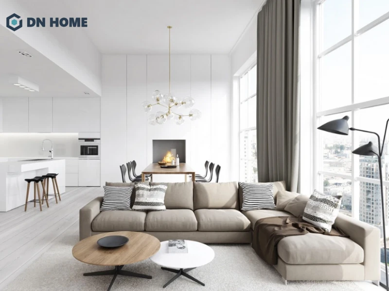 Mẫu thiết kế chung cư 63m2 phong cách Bắc Âu sử dụng gam màu trắng, xám chủ đạo, tạo cảm giác nhẹ nhàng