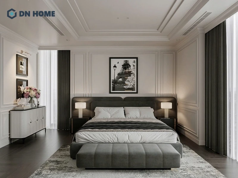Thiết kế nội thất chung cư 75m2 ưu tiên sử dụng nội thất đơn giản, ít chi tiết trang trí rườm rà cho không gian phòng ngủ