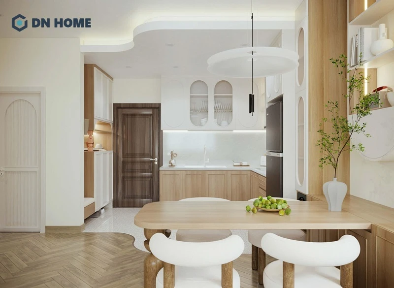Kiến trúc sư ưu tiên sử dụng lối thiết kế mở, liền mạch giữa bếp ăn và phòng khách giúp không gian thêm phần thông thoáng