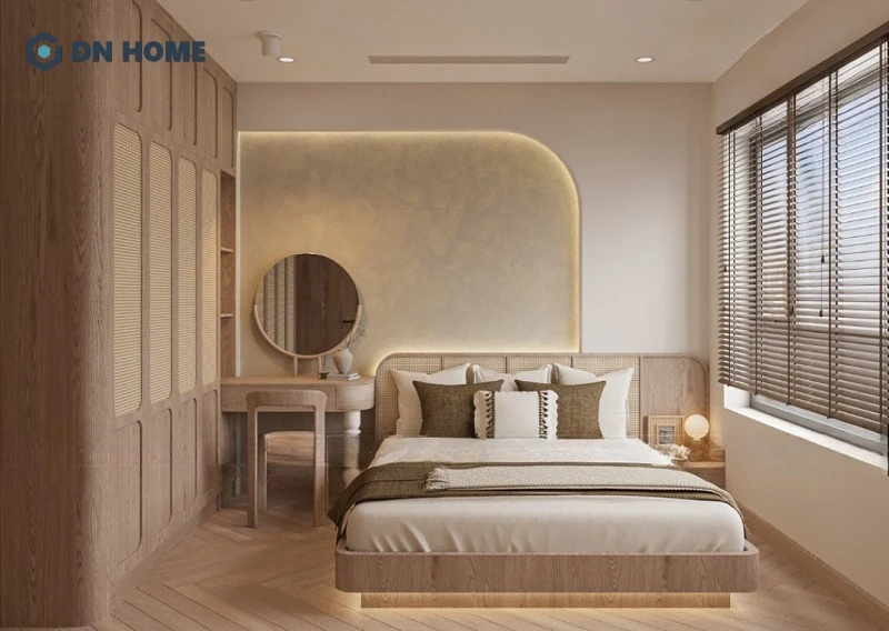 Phòng ngủ chính với đầy đủ nội thất hơn, sử dụng tủ cao kịch trần giúp tối ưu không gian, tăng diện tích lưu trữ