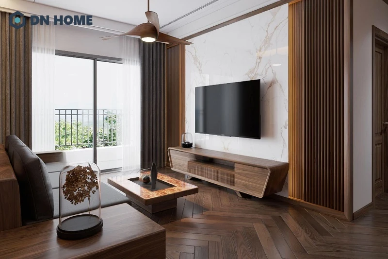 Phòng khách chung cư 75m2 sang trọng với nội thất chủ yếu là gỗ tự nhiên