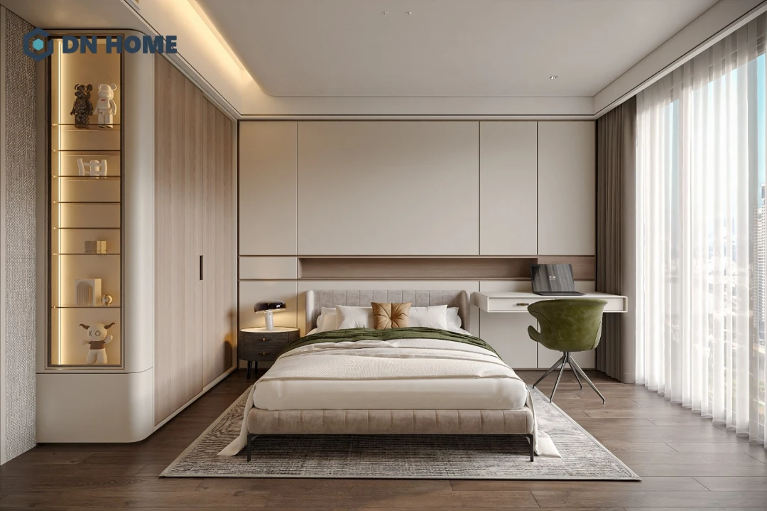 Thiết kế nội thất chung cư 75m2 với không gian phòng ngủ được bố trí đầy đủ các món nội thất cơ bản