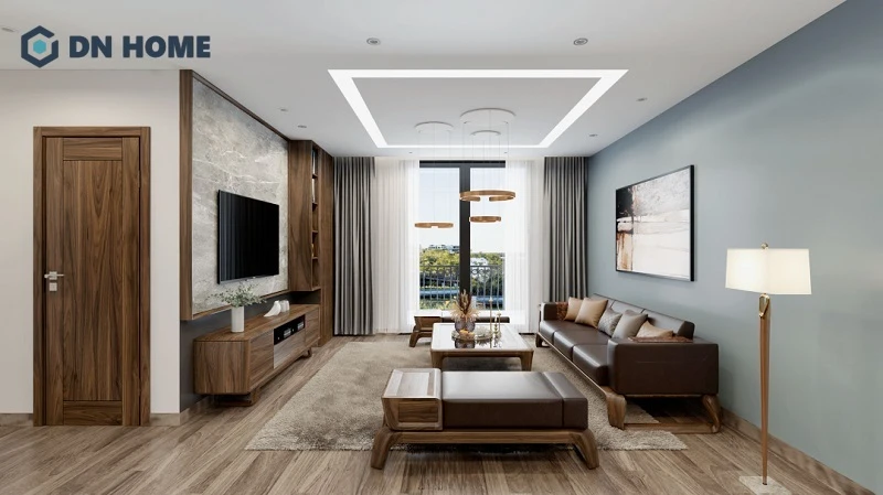 Không gian phòng khách chung cư 75m2 sử dụng chủ yếu vật liệu gỗ công nghiệp cho các món nội thất