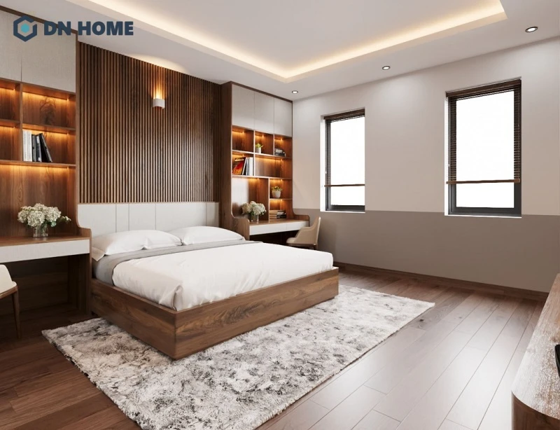 Không gian phòng ngủ căn hộ 75m2 bằng gỗ công nghiệp với cách bố trí nội thất tiện nghi, khoa học