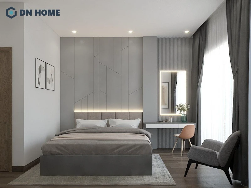 Không gian phòng ngủ căn hộ chung cư 75m2 tone xám với lối thiết kế đơn giản