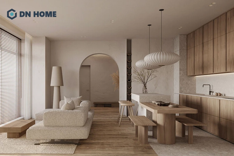 Chi tiết trang trí mang giá trị văn hóa Nhật Bản cũng được lồng ghép trong không gian phòng bếp chung cư