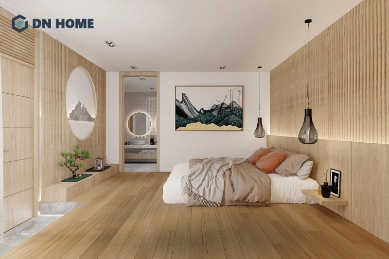 Vật liệu thiên nhiên được sử dụng xuyên suốt trong không gian nội thất chung cư phong cách Nhật Bản