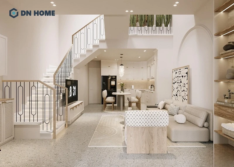 Phòng khách và không gian bếp thiết kế liền mạch, hài hoà