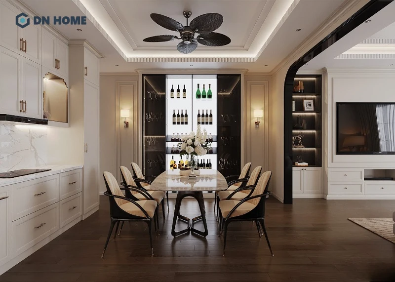Khu vực bếp thiết kế theo phong cách tân cổ điển đẹp mắt với cách bố trí đối xứng đặc trưng