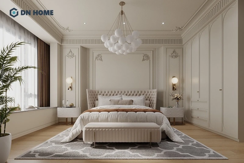 Phòng ngủ tân cổ điển với tông màu trắng làm chủ đạo