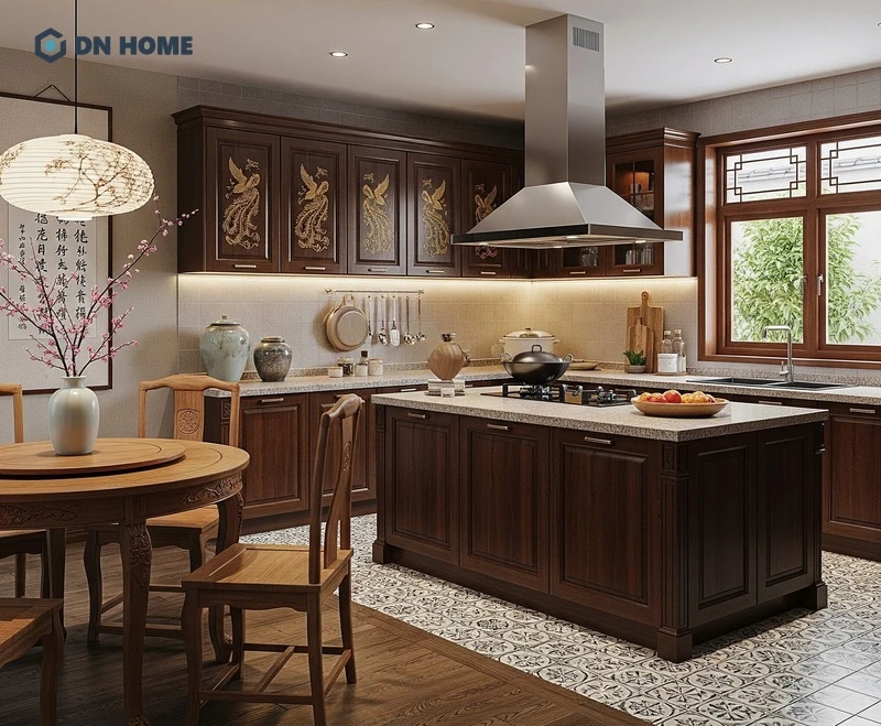 Khu vực bếp ăn bố trí hợp lý, sử dụng các vật dụng hiện đại như máy hút mùi giúp không gian luôn có cảm giác sạch sẽ