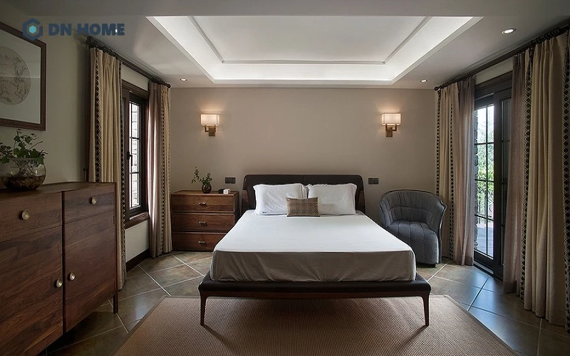 Thiết kế nội thất nhà phố phong cách Trung Hoa ưu tiên chất liệu tự nhiên để tạo nên không gian phòng ngủ giản dị, ấm cúng