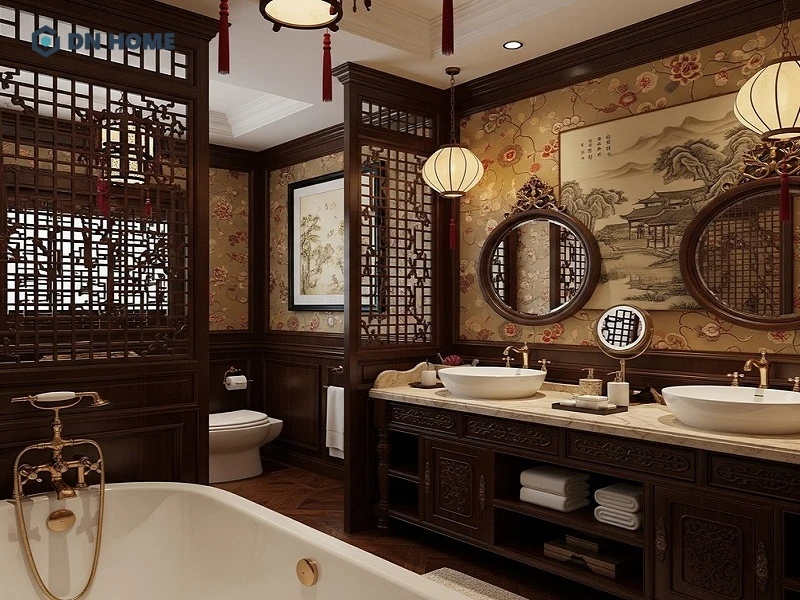 Không gian phòng tắm thư giãn, sử dụng vách ngăn để phân chia khu vực rõ ràng