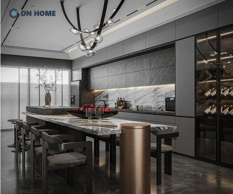 Không gian đặc trưng bởi các chất liệu như đá marble, kim loại cao cấp,...