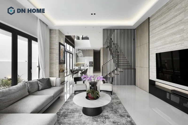 Không gian phòng khách nhà phố thiết kế theo phong cách tối giản