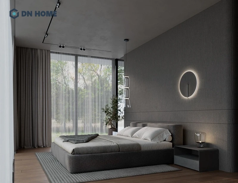 Không gian phòng ngủ thư giãn với thiết kế 2 mặt kính, tối ưu hoá ánh sáng tự nhiên với rèm mỏng