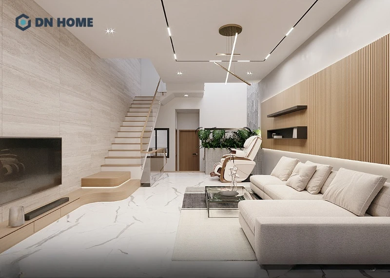 Thiết kế nội thất nhà phố sử dụng sofa chữ L để tạo hiệu ứng thị giác, giúp không gian như rộng rãi hơn
