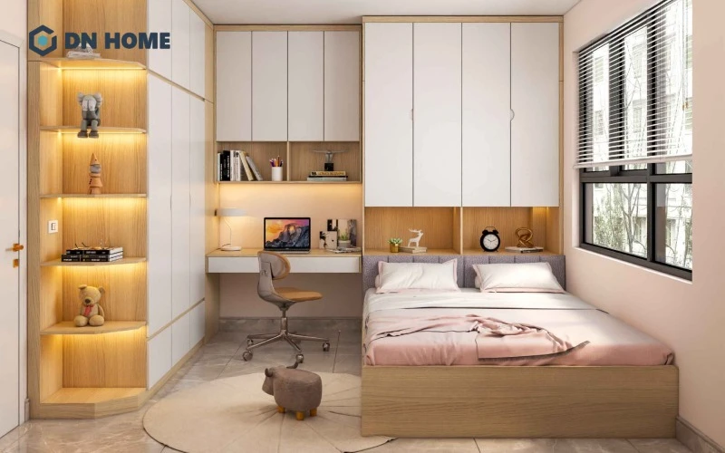 Bàn làm việc kết hợp tủ đựng quần áo giúp tối ưu không gian một cách hiệu quả