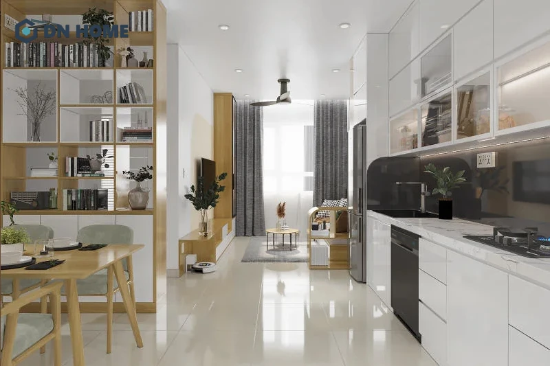 Thiết kế bếp 10m2 liên thông với phòng khách phổ biến trong căn hộ