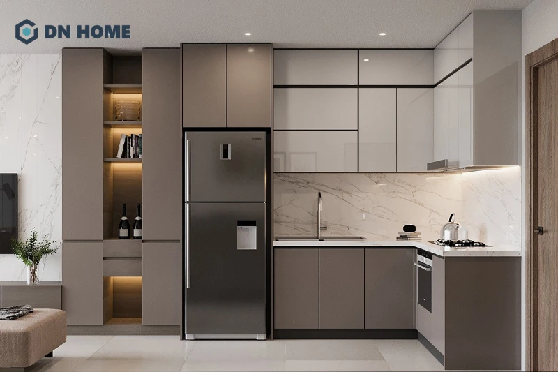 Bố trí ánh sáng hợp lý é giúp phòng bếp 10m2 rộng thoáng hơn