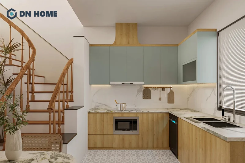 Tủ bếp chữ L cần tạo nên khu vực di chuyển thoải mái trong căn bếp 10m2