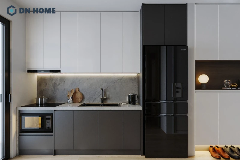 Ánh sáng đầy đủ giúp phòng bếp 12m2 trông rộng thoáng hơn