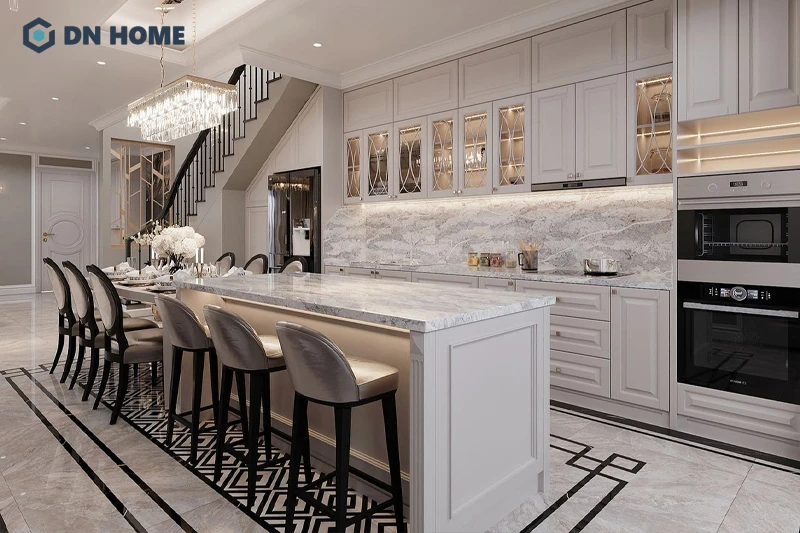 Phào chỉ đơn giản là điểm nhấn phòng bếp 12m2 tân cổ điển