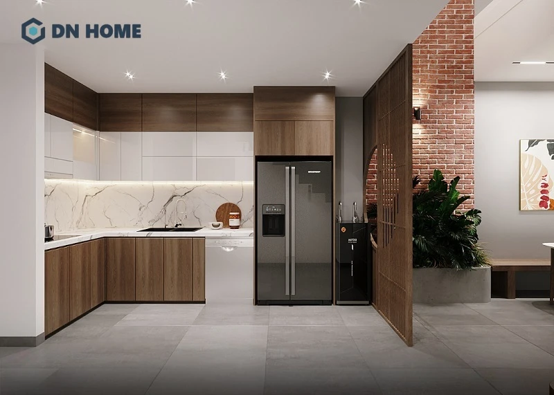 Bếp chung cư chữ L giúp tận dụng tối đa các góc chết trong phòng bếp căn hộ