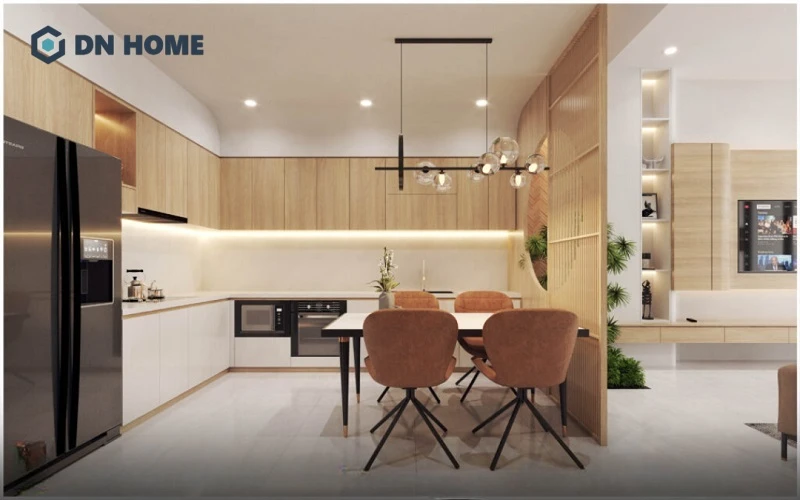 Thiết kế phòng bếp 16m2 hình chữ L ngăn cách với phòng khách bằng vách gỗ tinh tế