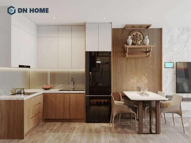 Thiết kế bếp chữ L thường ưu tiên sử dụng các hệ tủ cao kịch trần để gia tăng khả năng lưu trữ hiệu quả
