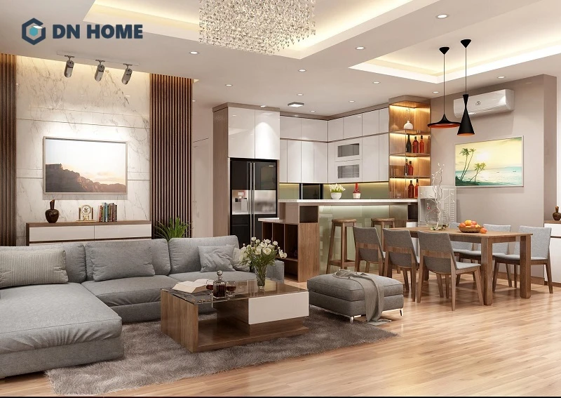 Xu hướng thiết kế bếp mở liền phòng khách đang được rất nhiều gia chủ áp dụng trong không gian căn hộ chung cư