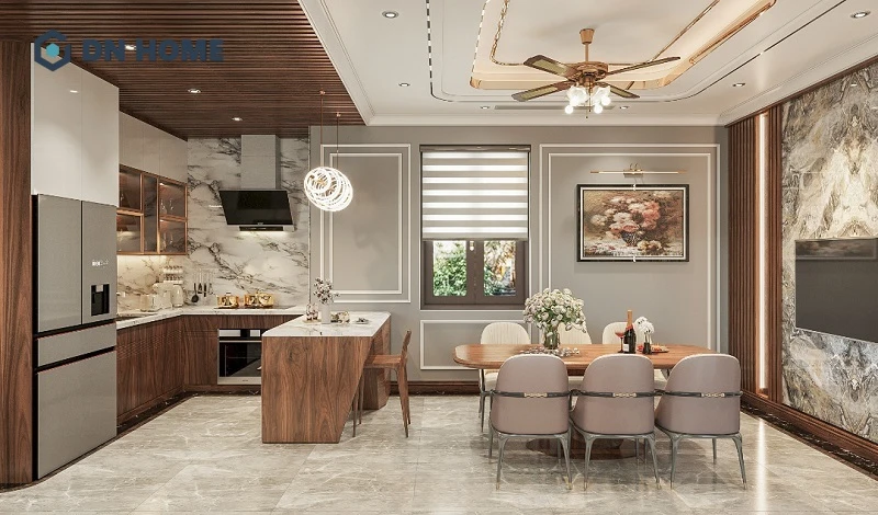 Căn bếp được ốp đá marble vân mây đẹp mắt, kết hợp với ánh sáng và một số chi tiết trang trí khác tạo nên không gian sang trọng