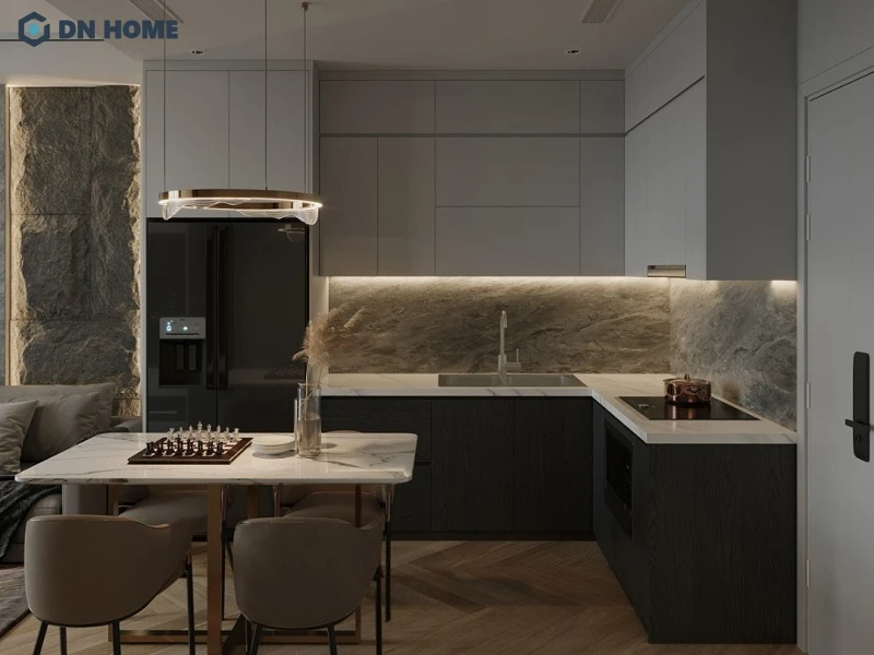 Thiết kế bếp chung cư phong cách hiện đại lược bỏ hết các chi tiết rườm rà, ưu tiên sử dụng tủ bếp kịch trần giúp tăng diện tích lưu trữ