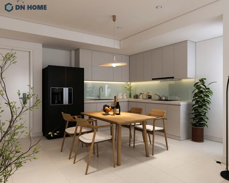 Thiết kế bếp chung cư hiện đại với các đường nét đơn giản, gọn gàng