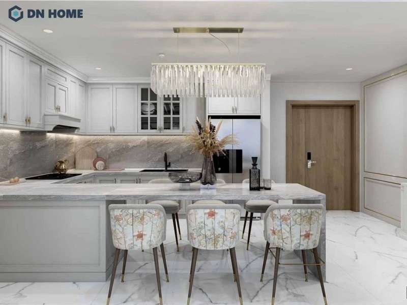 Thiết kế bếp chung cư tân cổ điển thông minh, tích hợp đảo bếp và bàn ăn