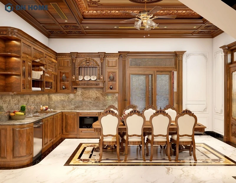 Không gian bếp chung cư 16m2 tân cổ điển sang trọng, thiết kế bếp chữ L giúp tận dụng tối đa các góc chết