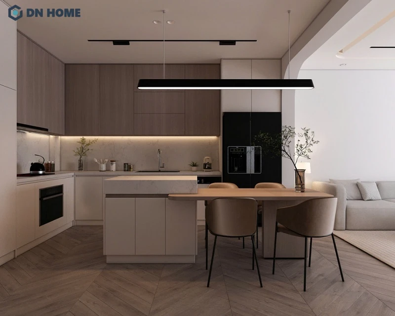 Thiết kế bếp chung cư tối giản hình chữ L, sử dụng tủ bếp kịch trần âm tường giúp không gian liền mạch