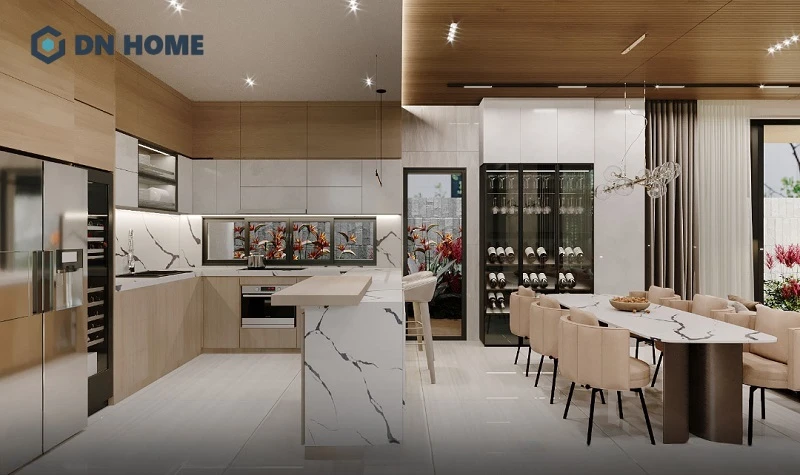 Thiết kế phòng bếp 16m2 hình chữ U giúp tăng đáng kể khả năng lưu trữ đồ đạc