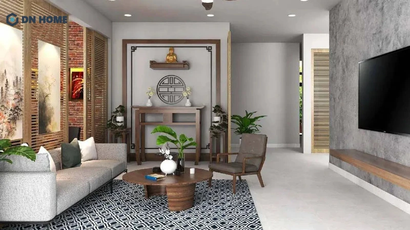Thiết kế phòng khách cho nhà cấp 4 có bàn thờ đặc trưng văn hóa người Việt
