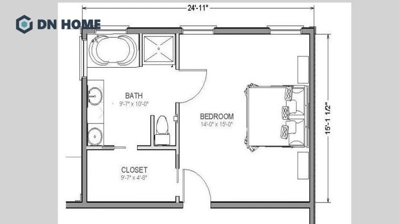 Bản vẽ mặt bằng thiết kế không gian phòng ngủ 15m2 khép kín