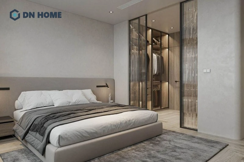 Mẫu phòng ngủ 15m2 có phòng thay đồ và lưu trữ quần áo tiện nghi, hiện đại
