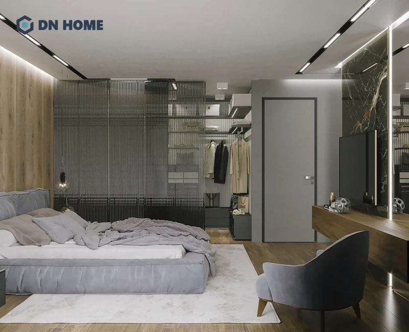 Không gian phòng ngủ 15m2 có phòng thay đồ sử dụng cửa trượt giúp tối ưu diện tích