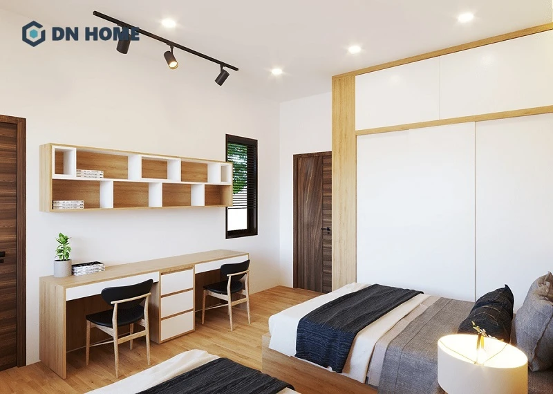 Không gian phòng ngủ 15m2 cho 2 bé trai sử dụng giường đôi nhỏ gọn, thiết kế đơn giản, gọn gàng
