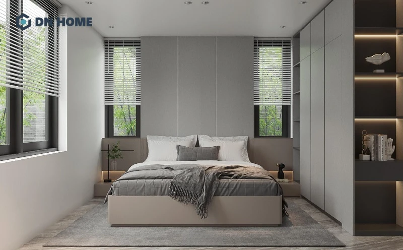 Phòng ngủ 15m2 dành cho nam với thiết kế tối giản, sử dụng tủ lớn kịch trần, loại bỏ các chi tiết tay cầm giúp không gian gọn gàng hơn